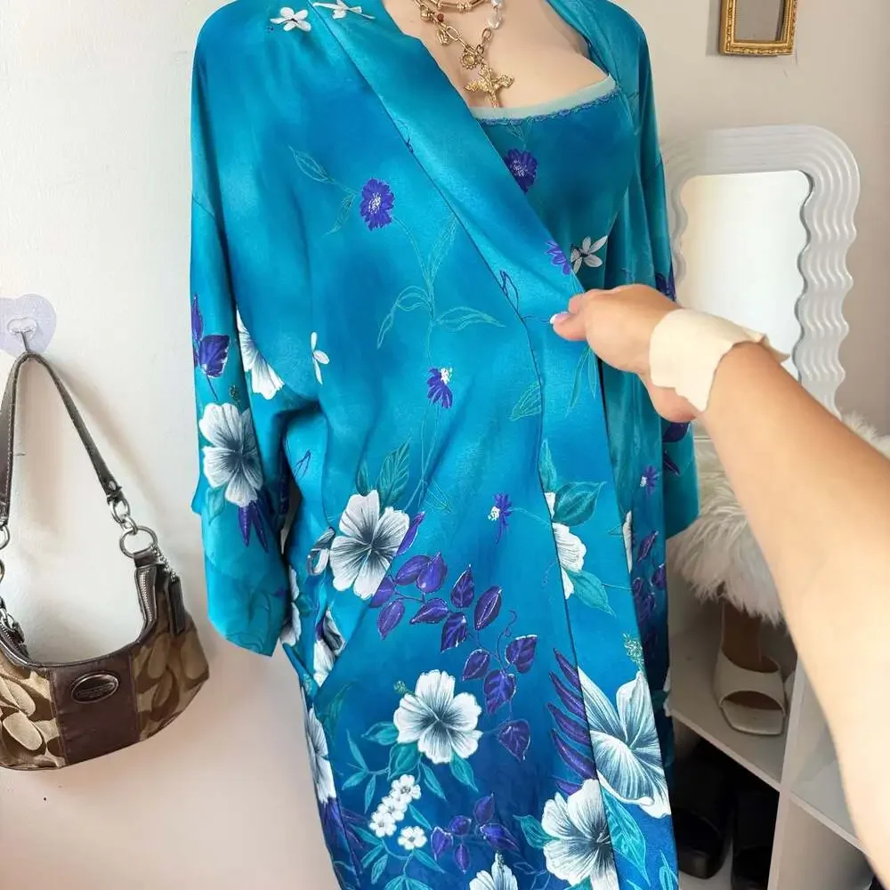 Vintage Tropical Floral Silk Chemise Slip Dress and Matching Robe Set